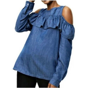 Ann Taylor LOFT Size Medium Chambray Long Sleeve Cold Shoulder Ruffle Top Blue